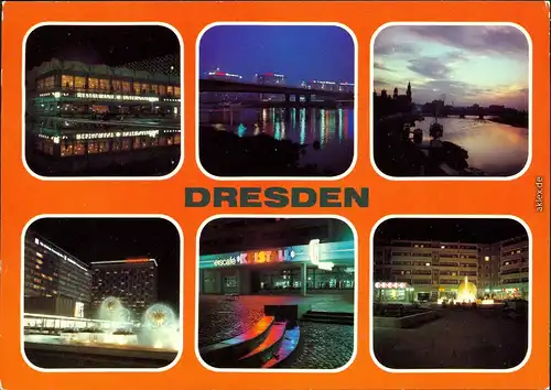Dresden Restaurant "International", Blick zur Dr.-Rudolf-Friedrichs-Brücke, Terrassenufer, Interhotel "Newa", Eiscafé "Kristall", Neustädter Markt 1982