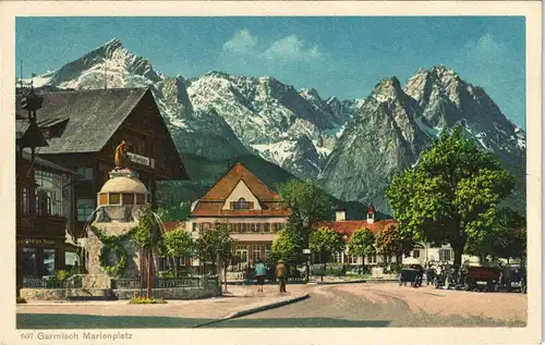 Ansichtskarte Garmisch-Partenkirchen Marienplatz Blick gegen Alpen Berge 1930