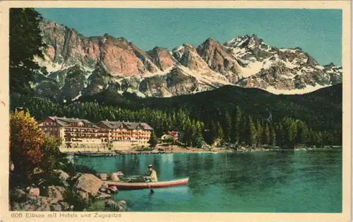 Garmisch-Partenkirchen Eibsee mit Hotels und Zugspitze, Alpen See Berge 1930