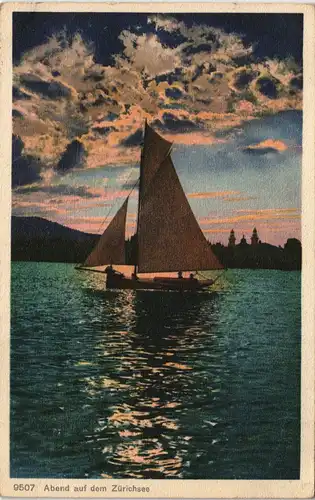 Ansichtskarte Zürich Zürisee Zürichsee Segelboot bei Abend-Rot 1930