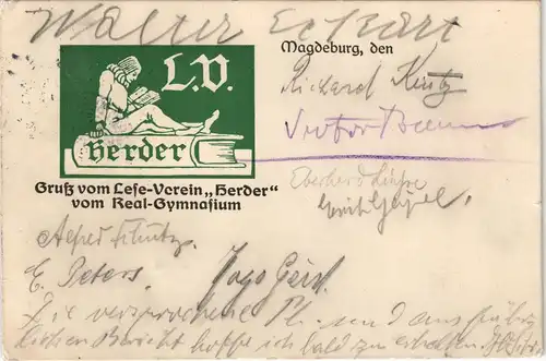 Ansichtskarte Magdeburg Gruss vom Lese-Verein "Herder" vom Real-Gymnasium 1910