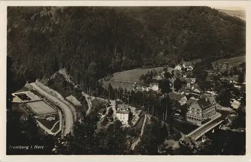Ansichtskarte Treseburg Blick auf Stadt und Schwimmbad 1938