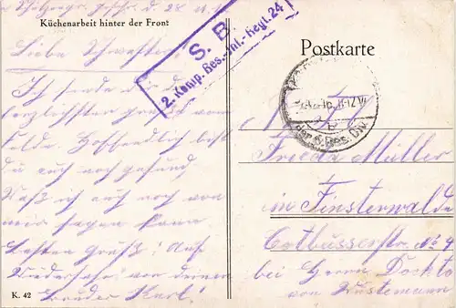 Ansichtskarte  Küchenarbeit hinter der Frontgel. Feldpost 1917