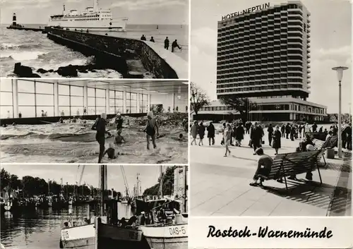 Ansichtskarte Warnemünde-Rostock 3 Bild Fähre, Hotel Neptun, Schwimmbad 1975