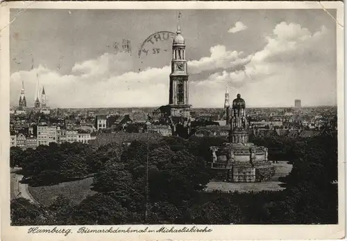 St. Pauli-Hamburg Panorama mit Bismarck-Denkmal Michaeliskirche 1936