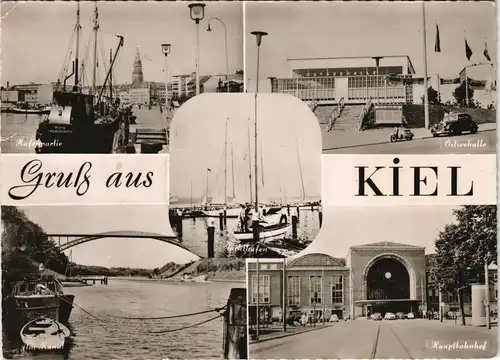 Ansichtskarte Kiel Mehrbild-AK mit Hafen, Ostseehalle, Kanal & Bahnhof 1959