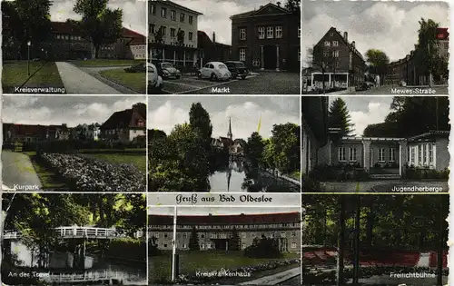 Ansichtskarte Bad Oldesloe Markt VW Käfer Mewes-Straße Krankenhaus 1959