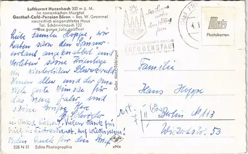 Ansichtskarte Huzenbach-Baiersbronn Gasthof-Café-Pension Bären 1961