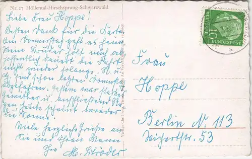 Ansichtskarte Hirschsprung-Breitnau Hirschsprung-Felsen, Künstlerkarte 1958