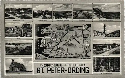 Ansichtskarte St. Peter-Ording MB: Promenade, Kirche, Dünen 1964