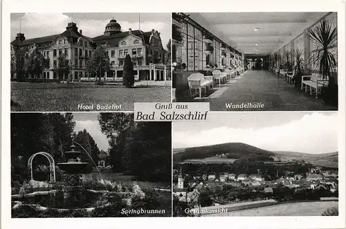 Bad Salzschlirf Mehrbild-AK mit Hotel Badehof, Wandelhalle, Springbrunnen 1950