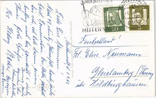 Mittenwald Obermarkt, Geschäfte, VW Käfer u. Blick Wetterstein 1963