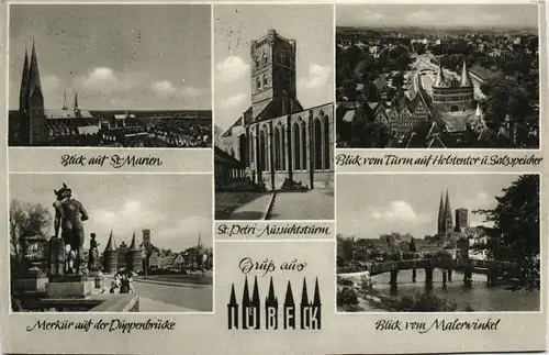 Lübeck Mehrbild-AK mit St. Marien Kirche, Merkur, Malerwinkel uvm. 1957
