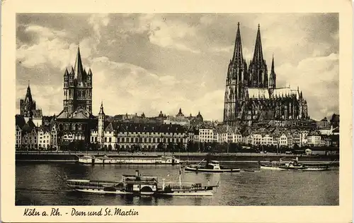 Ansichtskarte Köln Panorama Rhein Blick auf Dom, St. Martin und Schiffe 1952