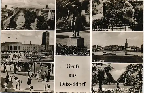 Düsseldorf Mehrbild-AK mit Bahnhof, Märchen-Brunnen, Königsallee uvm. 1953