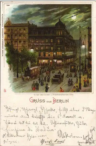 Litho AK  Berlin Friedrichstraße Unter den Linden bei Nacht Hotel Behrens 1902