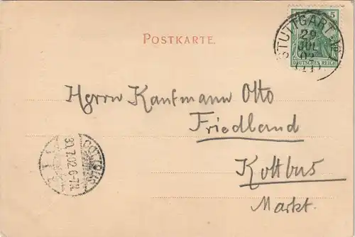 Stuttgart Marienkirche 1902   gelaufen nach COTTBUS (Ankunftsstempel)