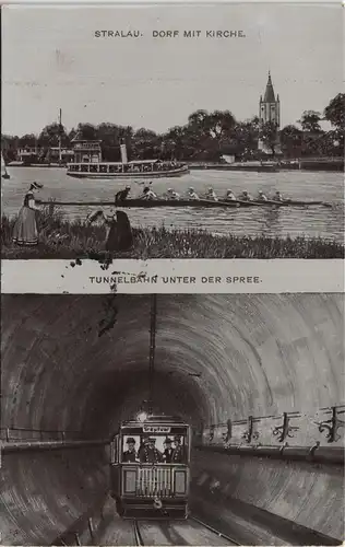 Stralau-Berlin 2-Bild-AK Dorf mit Kirche & Tunnelbahn unter der Spree 1916