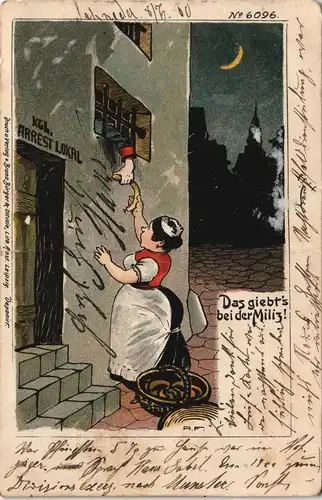 Ansichtskarte  Militär Scherzkarte Das gibts bei der Militz 1900