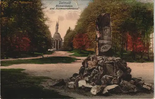 Ansichtskarte Hiddesen-Detmold Bismarckstein und Hermannsdenkmalcoloriert 1916