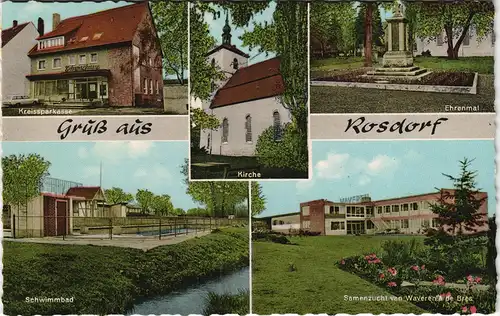 Rosdorf Mehrbild-AK Rosdorf Sparkasse, Ehrenmal, Schwimmbad, Samenzucht 1960