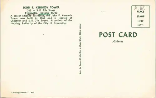 Evansville (Indiana) JOHN F. KENNEDY TOWER Building US Postcard 1965