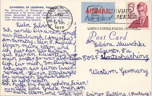 Postcard Pittsburgh Cathedral Church Street View Kirche, USA 1972