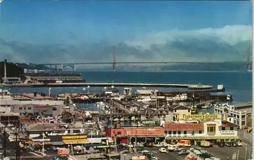 San Francisco FISHERMAN'S WHARF, background Golden Gate Bridge, USA 1970