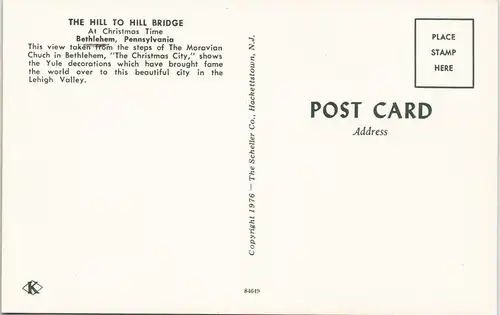 Postcard Bethlehem THE HILL TO HILL BRIDGE At Christmas Time 1976