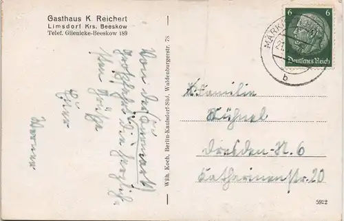 Ansichtskarte Limsdorf-Storkow (Mark) Gasthaus K. Reichert 1938