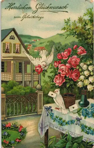 Glückwunsch/Grußkarten: Geburtstag Tauben - Goldprägekarte 1911 Goldrand