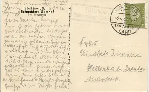 Tellerhäuser-Breitenbrunn (Erzgebirge) Winter gel. Landpoststempel über SB 1932