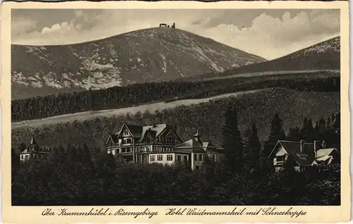 Postcard Krummhübel Karpacz Hotel Waidmannsheil mit Schneekoppe 1936