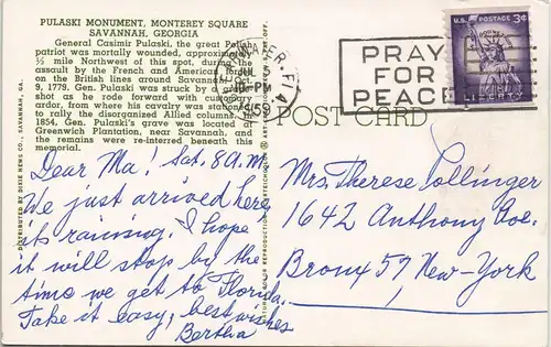 Savannah (Georgia) PULASKI MONUMENT, MONTEREY SQUARE, USA Georgia 1959