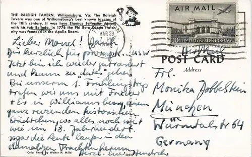 Postcard Williamsburg (VA) THE RALEIGH TAVERN, Virginia USA 1960