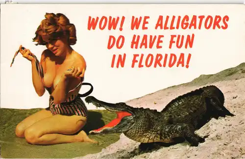 Postcard Florida Alligator in Florida USA Frau spielt mit Krokodil 1976