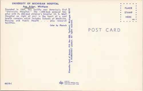 Postcard Ann Arbor UNIVERSITY OF MICHIGAN HOSPITAL Aerial View, USA 1965