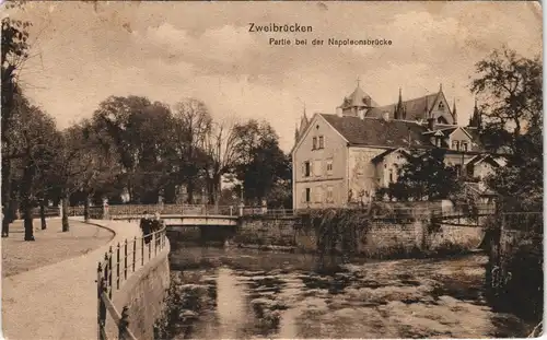 Ansichtskarte Zweibrücken Napoleonbrücke, Straßenpartie 1915