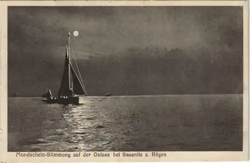 Sassnitz Segelschiff bei Mondschein-Stimmung Ostsee Insel Rügen 1929