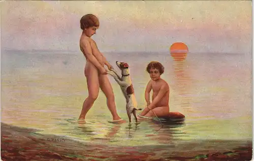 Künstlerkarte Dt. Meister O. Hensel "Drei Wasserfreunde" Hund & Kinder 1954/1930