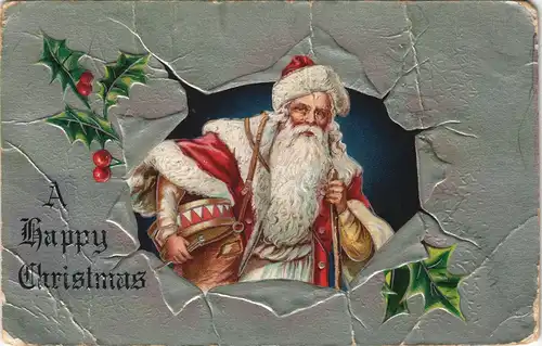 Weihnachten Weihnachtsmann Silber-Prägekarte gel. New York 1909 Silber-Effekt