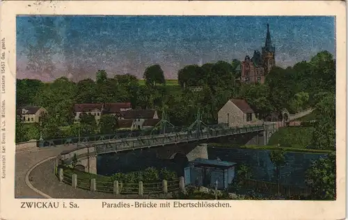 Zwickau Paradies - Brücke mit Ebertschlösschen.Lunakarte 1909 Luna