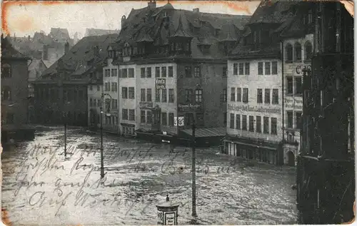 Ansichtskarte Nürnberg Hauptmarkt bei der Hochwasser-Katastrophe 1914
