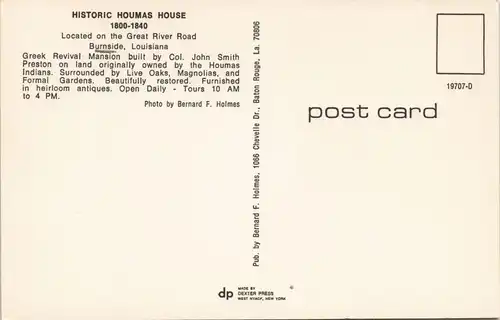 Postcard Burnside (Louisiana) HISTORIC HOUMAS HOUSE 1972