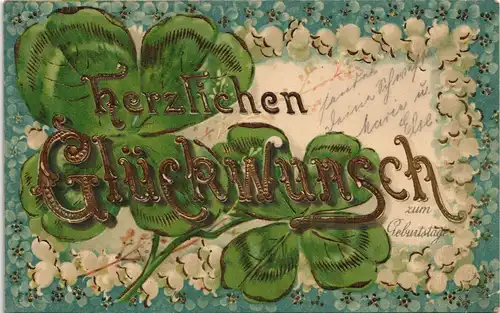 Geburtstag - Gold-Präge-Künstlerkarte - Kleeblatt 1904 Goldrand