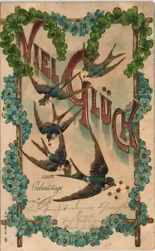 Ansichtskarte  Geburtstag - Künstler-Gold-Prägekarte Tauben 1904 Goldrand
