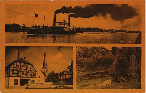 Ansichtskarte Ottenheim b. Lahr-Schwanau Rheindampfer, Kirche, Umland 1930