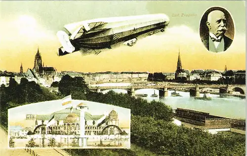 Frankfurt am Main 2 Bild Fotomontage Zeppelin über der Stadt Repro 1995 REPRO
