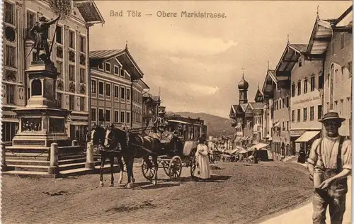 Ansichtskarte Bad Tölz Obere Marktstrasse mit Pferde-Kutsche 1910