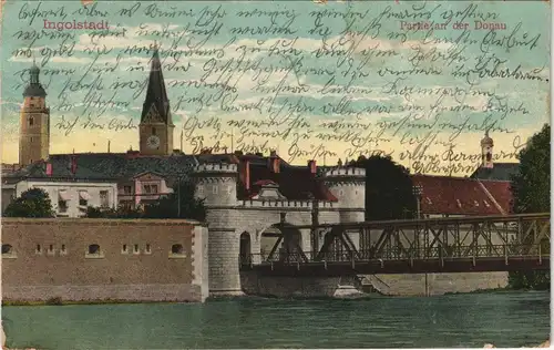 Ansichtskarte Ingolstadt Stadtteilansicht Partie a.d. Donau Brücke 1914